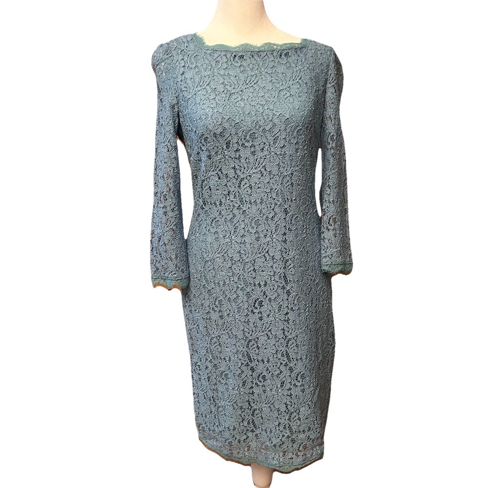Adrianna Papell Lace Long Sleeve Dress Sz 6 Blue Formal Sexy Short Gown Back Zip
